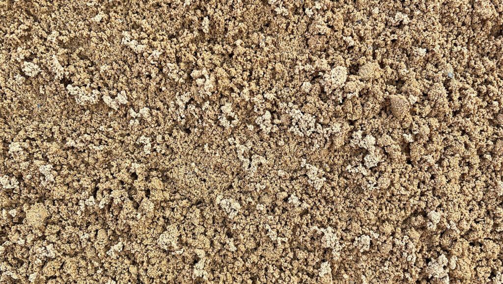 Close-up of building sand from Runfold, Farnham, Surrey; loose light brown grains with small clumps and scattered granules.