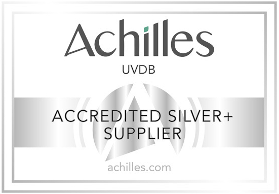 Silver and white badge showing Achilles logo, "UVDB ACCREDITED SILVER+ SUPPLIER," and "achilles.com" at the bottom.